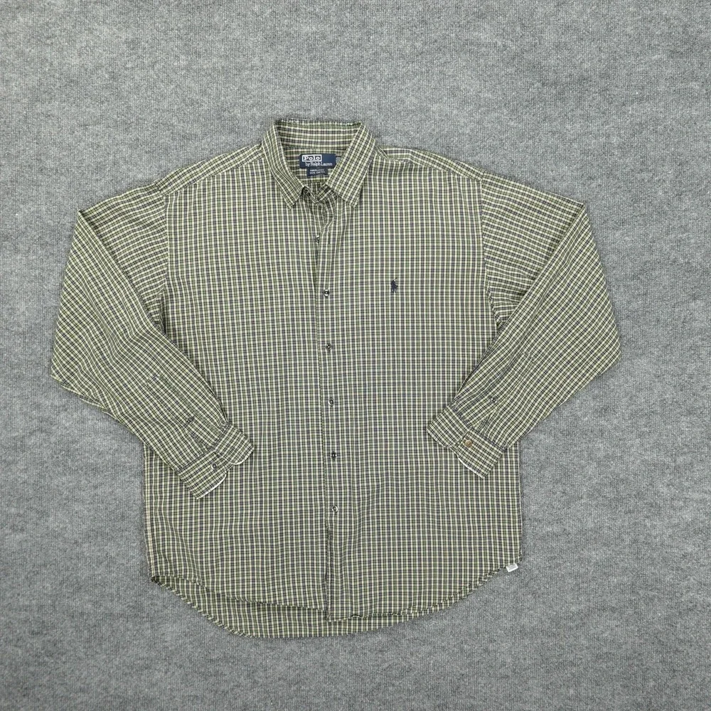 Vintage Polo Ralph Lauren Shirt Mens Large Green Blue Plaid Marlowe Long Sleeve